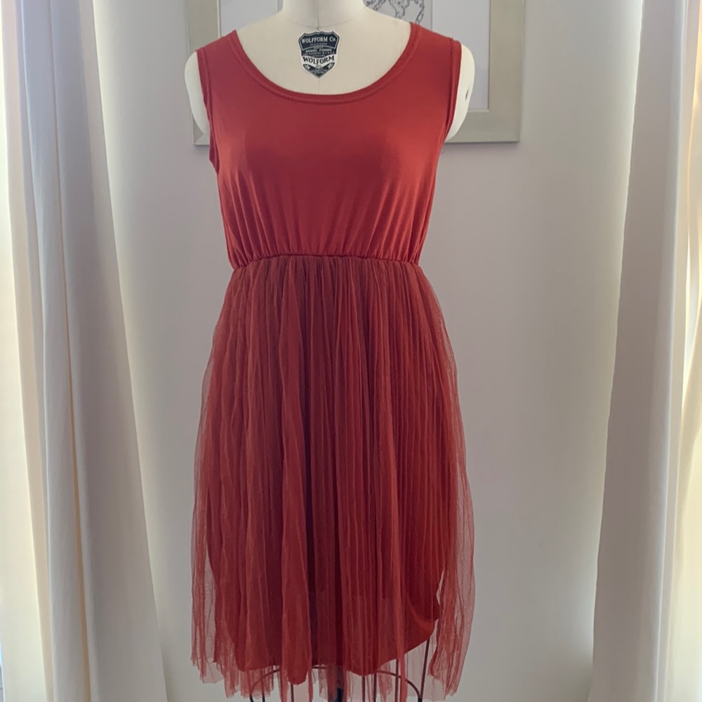 Burnt Orange Dress w/ Pleated Tulle Skirt- Size XS